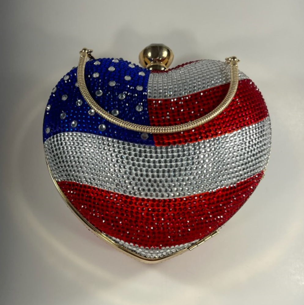 American Flag Heart Rhinestone Evening Bag