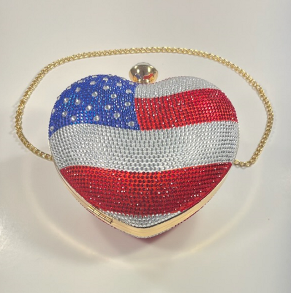 American Flag Heart Rhinestone Evening Bag