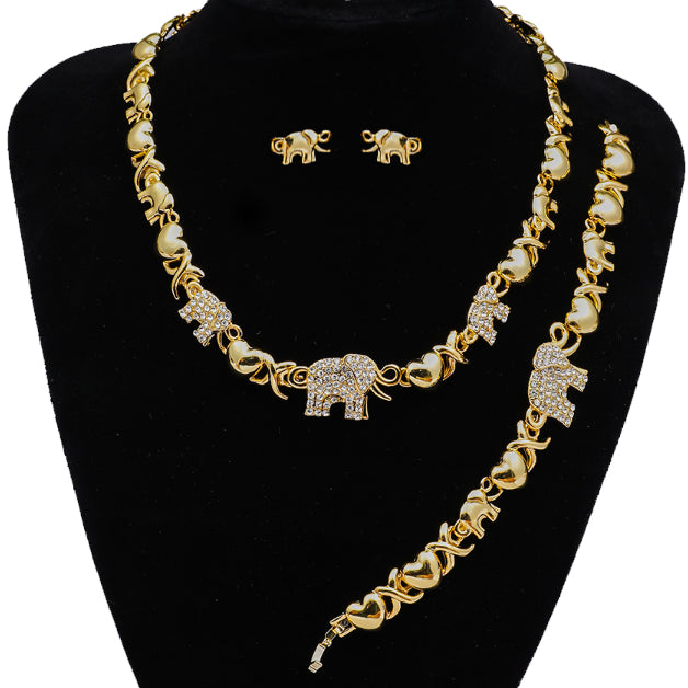 Gold Elephant Necklace, Earrings & Bracelet Set